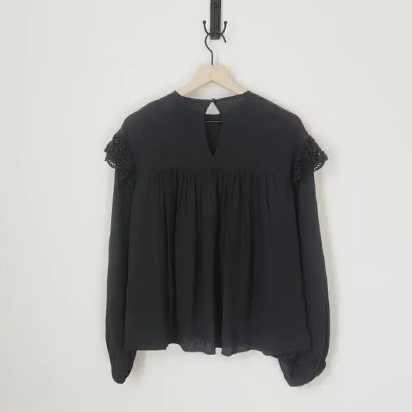 Zara Black Embroidered Peasant Top Size Small - Picture 7 of 7